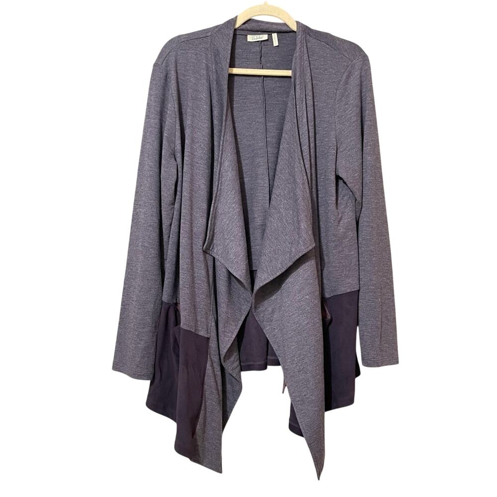 Logo Lori Goldstein Grey Open Front Cardigan Sweater Womens L Waterfall Preppy